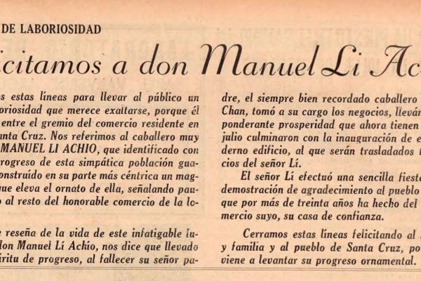 3. Felicitación a don Manuel Li Anchio